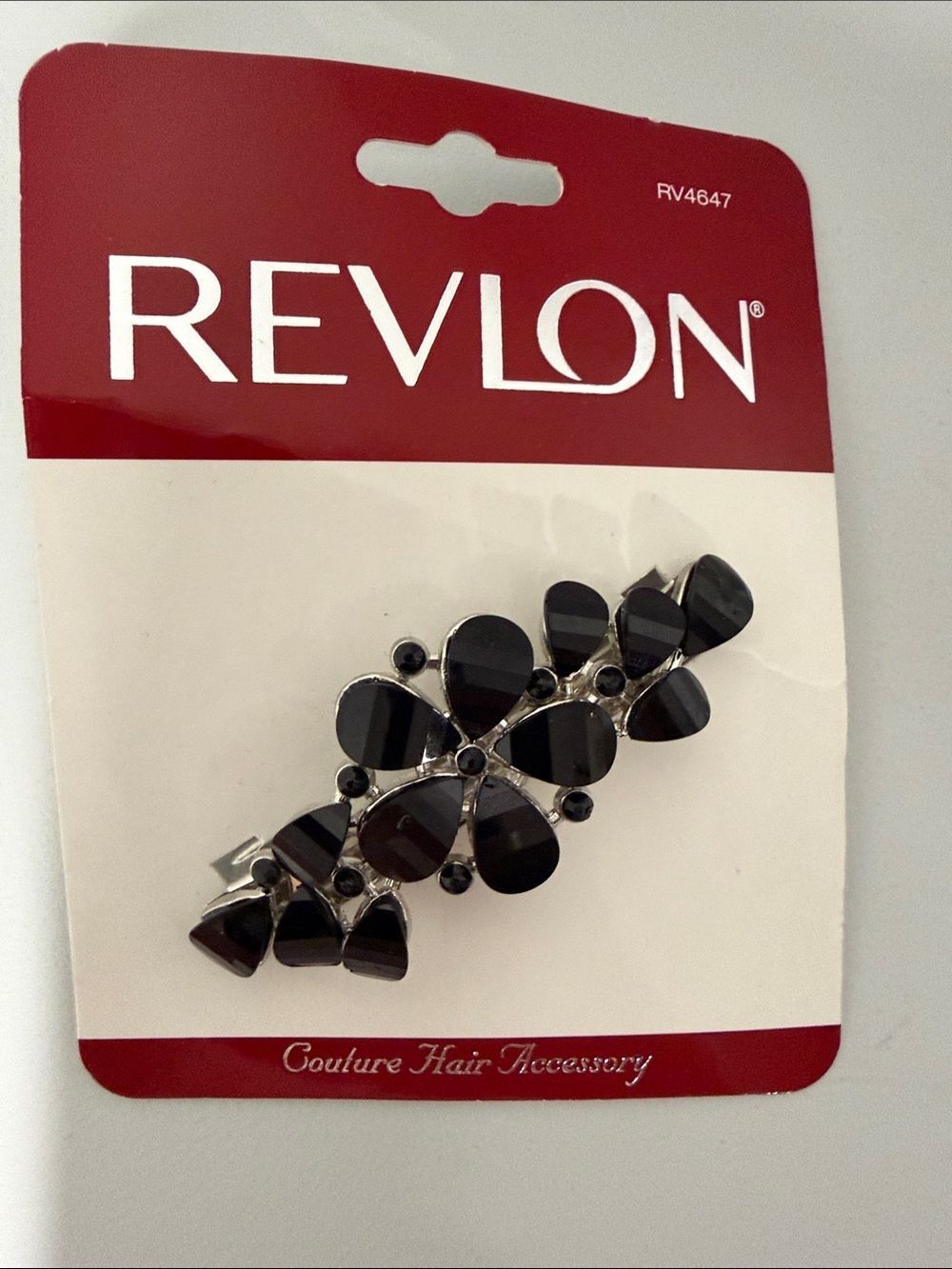 REVLON Black Silver Tone Rhinestone Leaflet Barrette